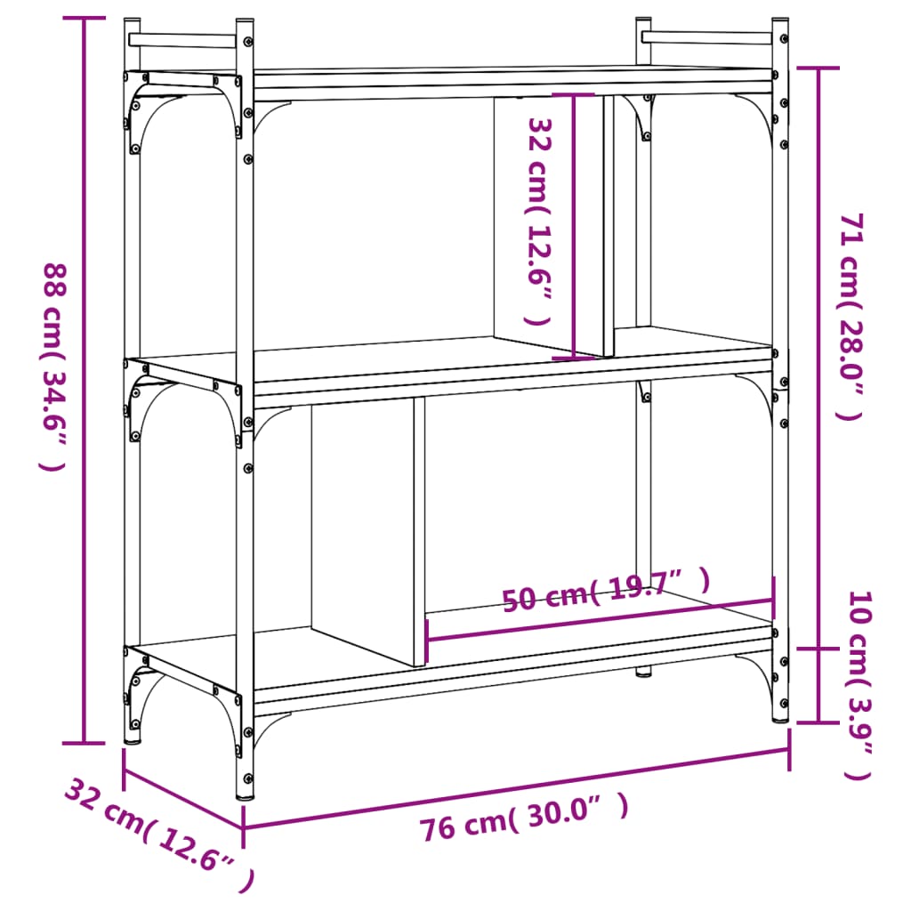 bogreol 76x32x88 cm 3 hylder konstrueret træ sonoma-eg