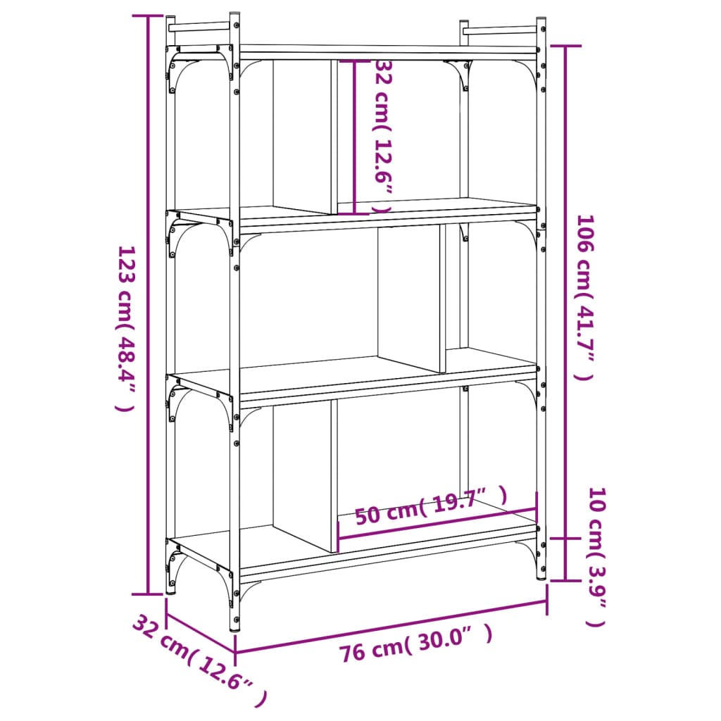 bogreol med 4 hylder 76x32x123 cm konstrueret træ sort