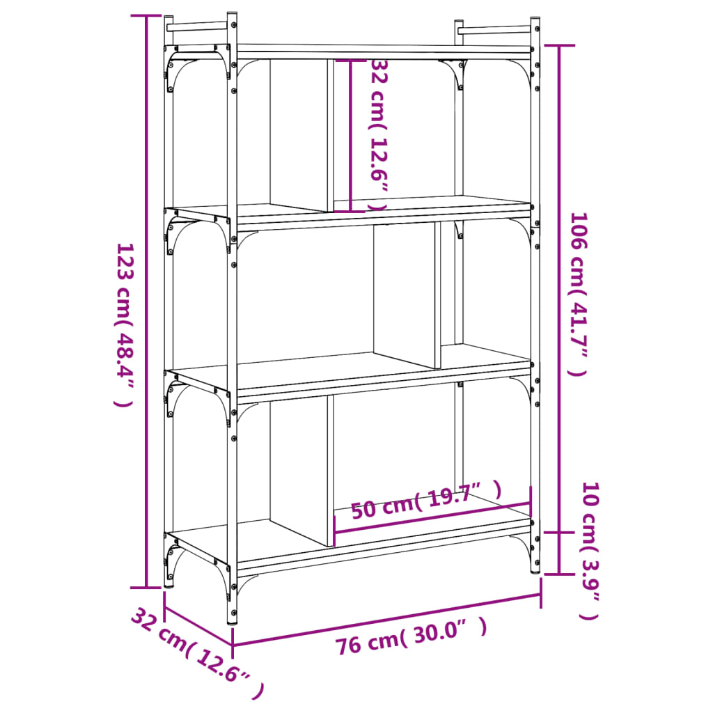 bogreol 76x32x123 cm 4 hylder konstrueret træ røget eg