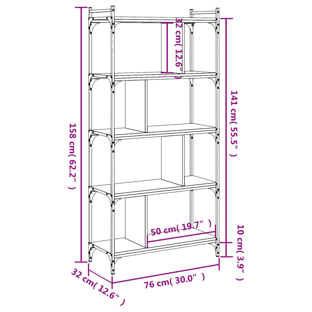 bogreol med 5 hylder 76x32x158 cm konstrueret træ sort