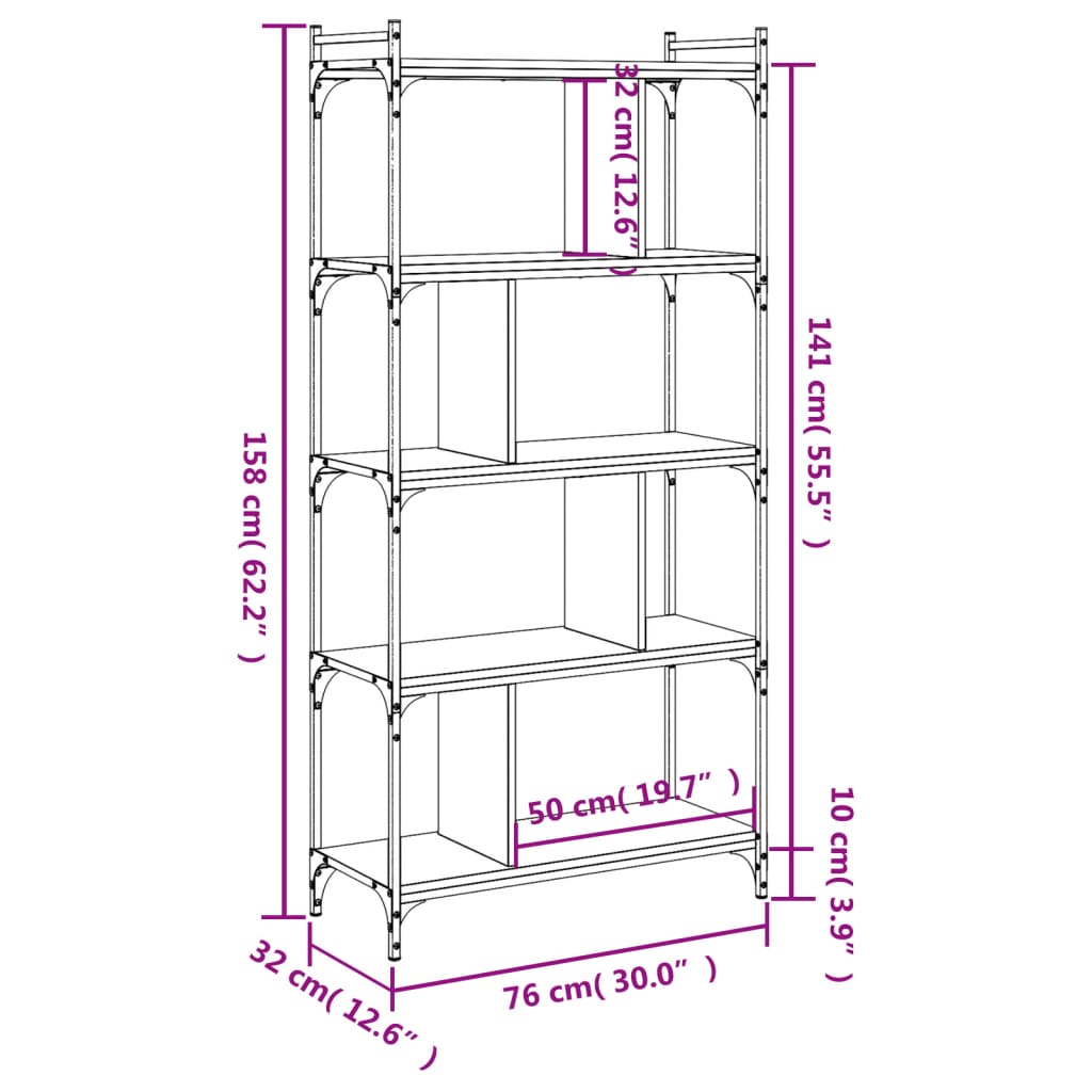 bogreol 76x32x158 cm 5 hylder konstrueret træ sonoma-eg