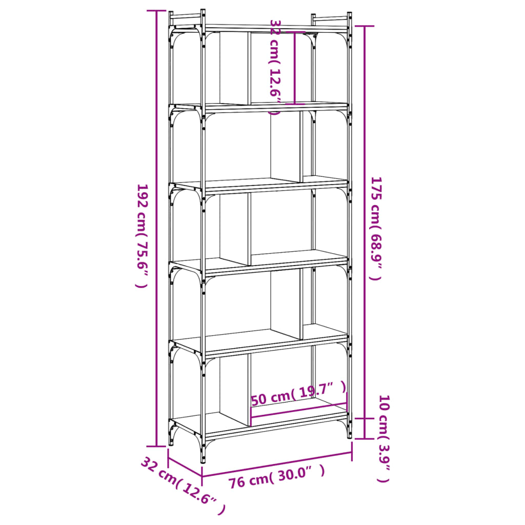 bogreol med 6 hylder 76x32x192 cm konstrueret træ sort