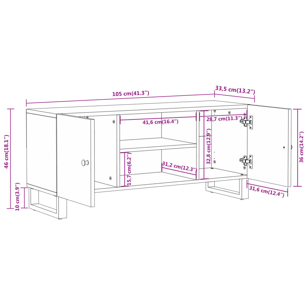 tv-bord 105x33,5x46 cm massivt mangotræ brun og sort