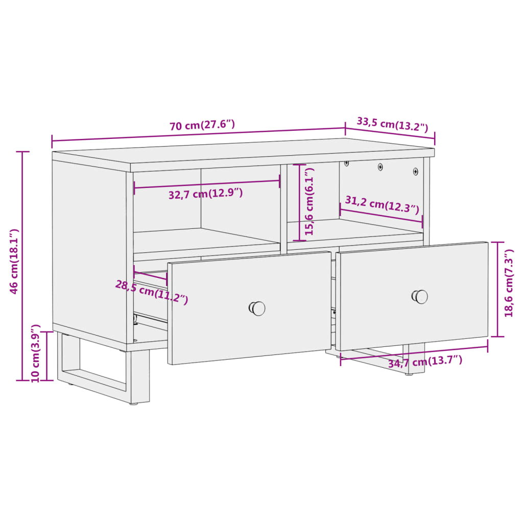 tv-bord 70x33,5x46 cm massivt mangotræ brun og sort