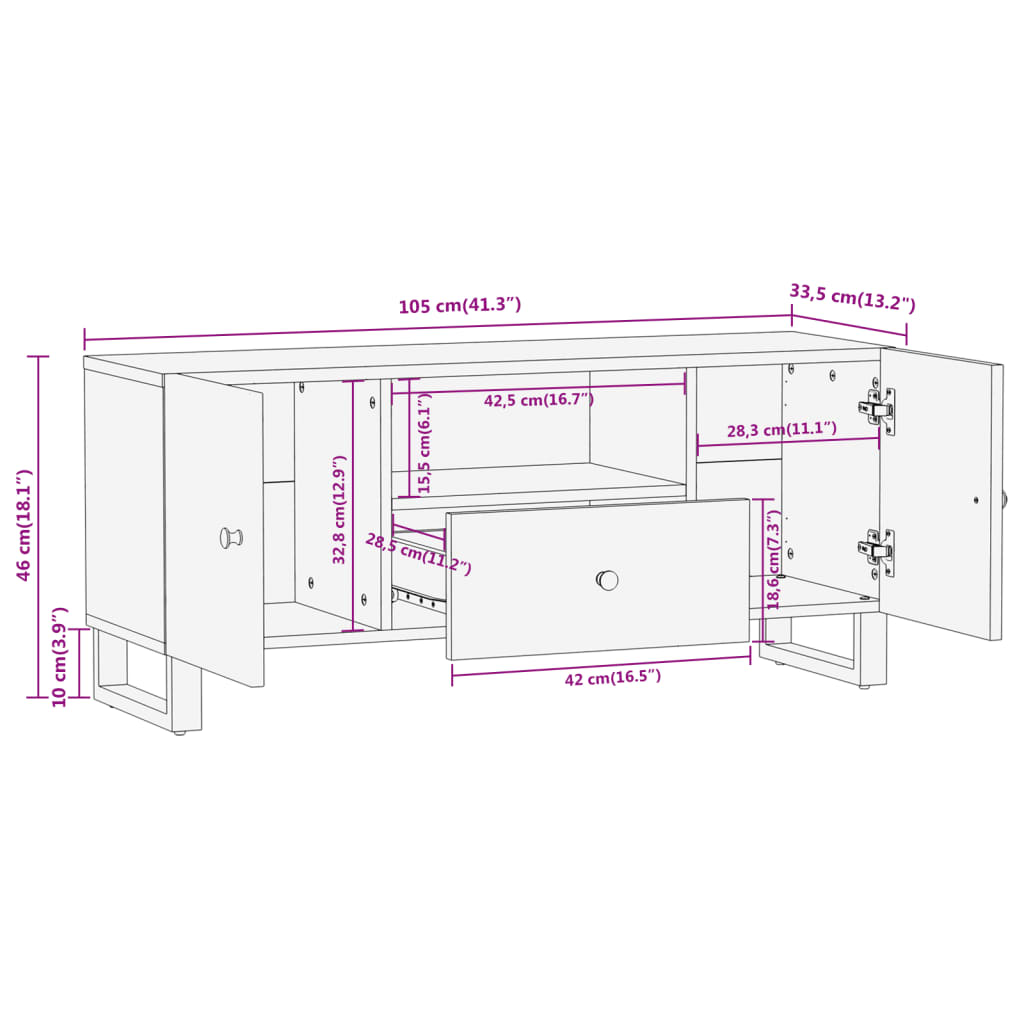 tv-bord 105x33,5x46 cm massivt mangotræ brun og sort