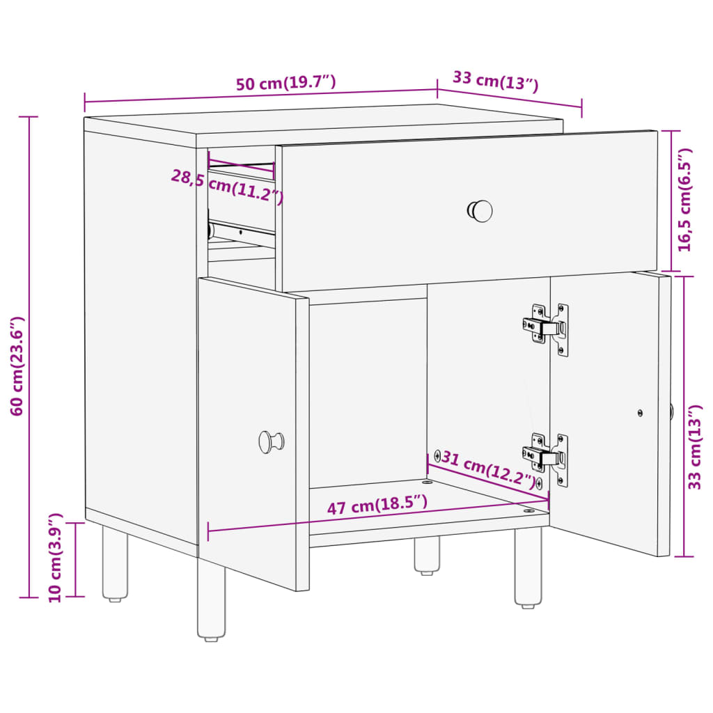 sengebord 50x33x60 cm massivt mangotræ