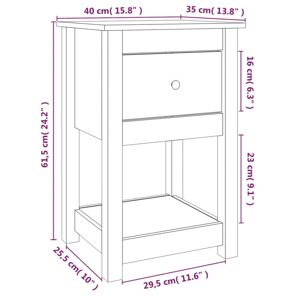 sengebord 40x35x61,5 cm massivt fyrretræ hvid