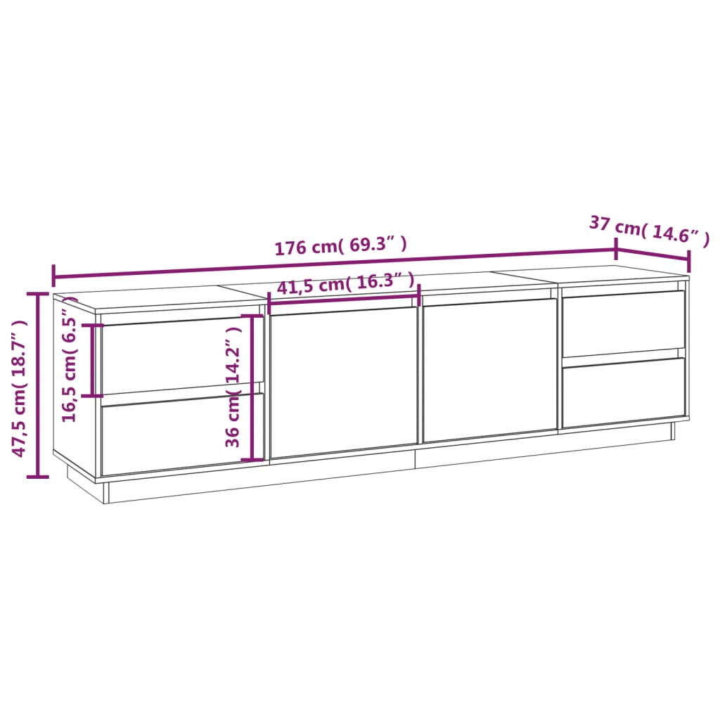 tv-bord 176x37x47,5 cm massivt fyrretræ hvid