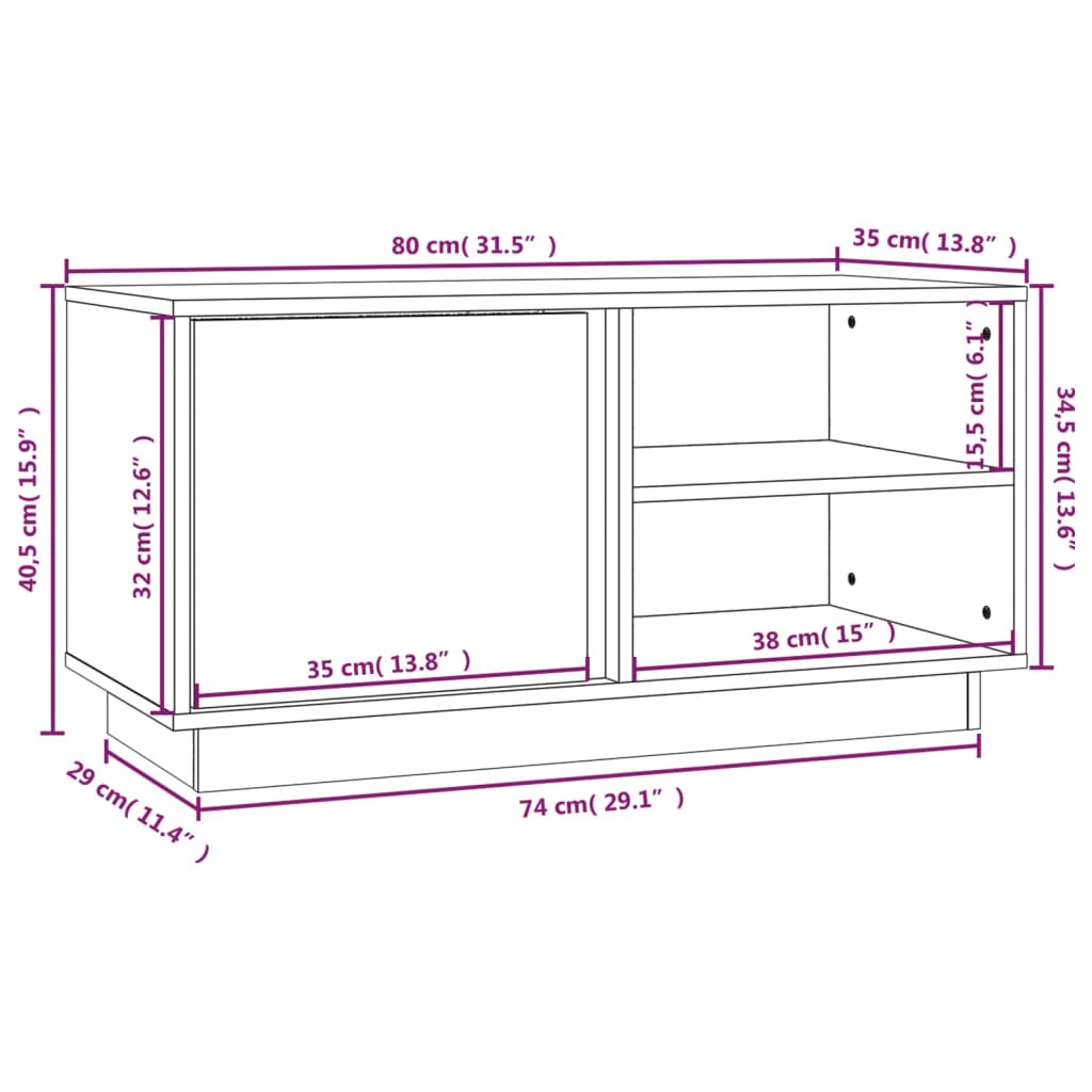 tv-bord 80x35x40,5 cm massivt fyrretræ hvid