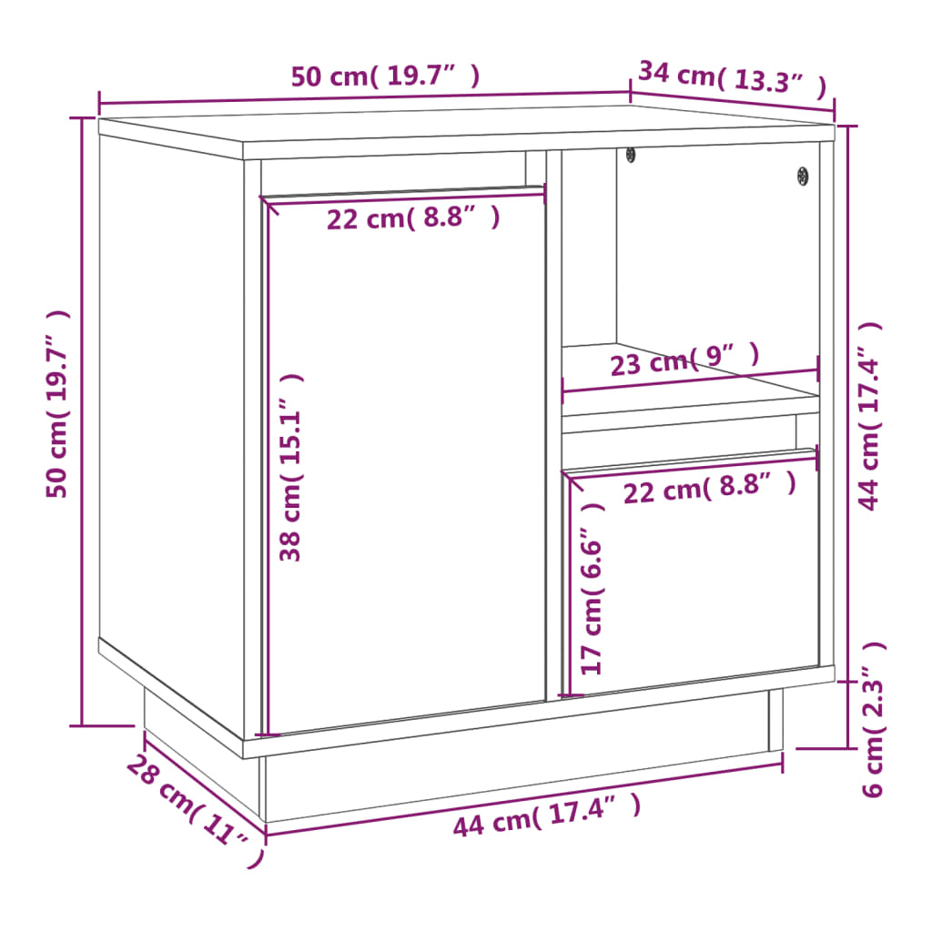 sengebord 50x34x50 cm massivt fyrretræ hvid