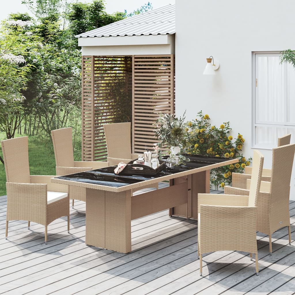 havebord med glasbordplade polyrattan og hærdet glas beige