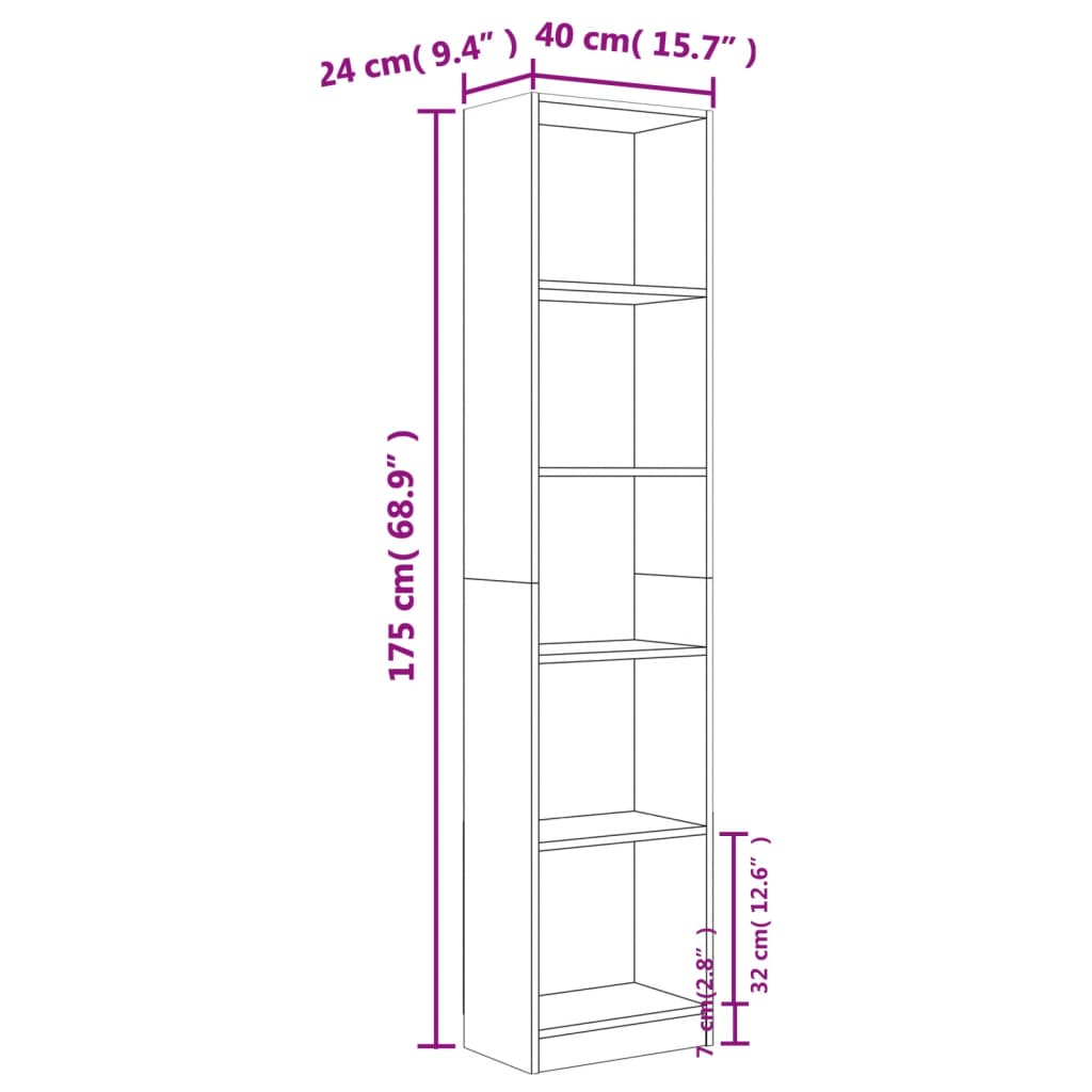 bogreol m. 5 hylder 40x24x175 cm konstrueret træ brunt egetræ