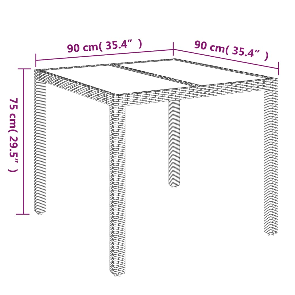 havebord med glastop 90x90x75 cm polyrattan sort