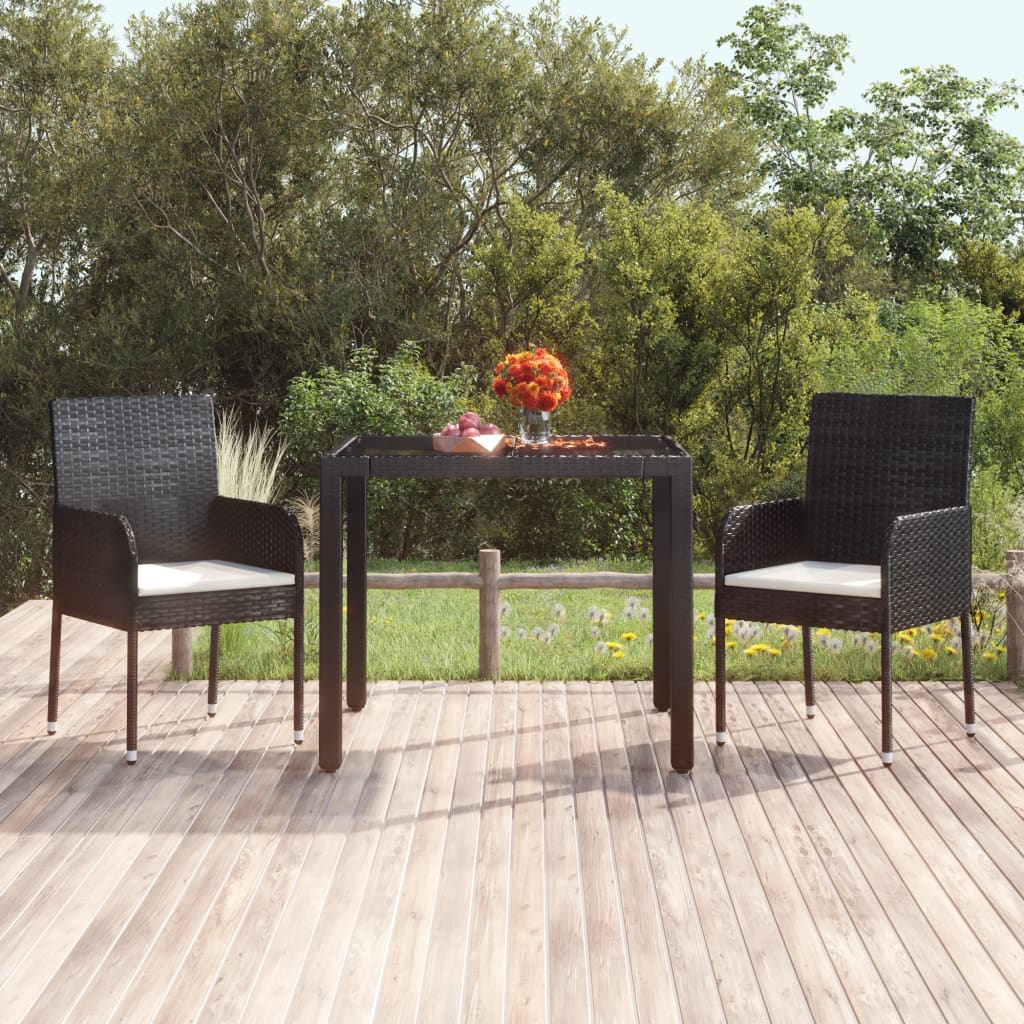 havebord med glastop 90x90x75 cm polyrattan sort