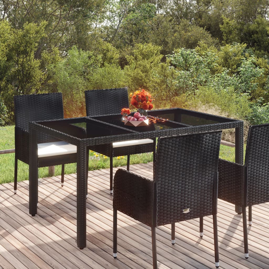 havebord med glastop 150x90x75 cm polyrattan sort