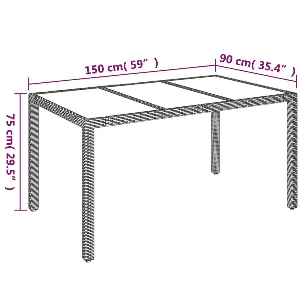 havebord med glastop 150x90x75 cm polyrattan grå