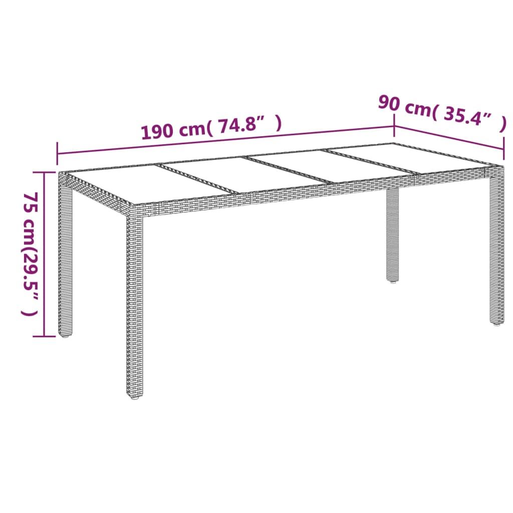 havebord med glastop 190x90x75 cm polyrattan grå