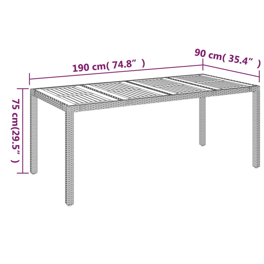 havebord med træplade 190x90x75 cm polyrattan sort