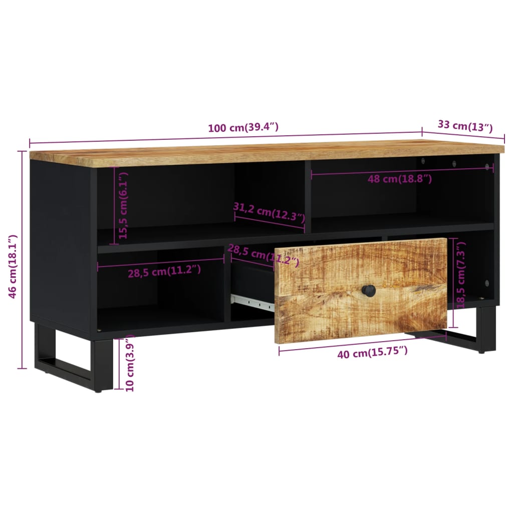 tv-bord 100x33x46 cm massivt mangotræ og konstrueret træ