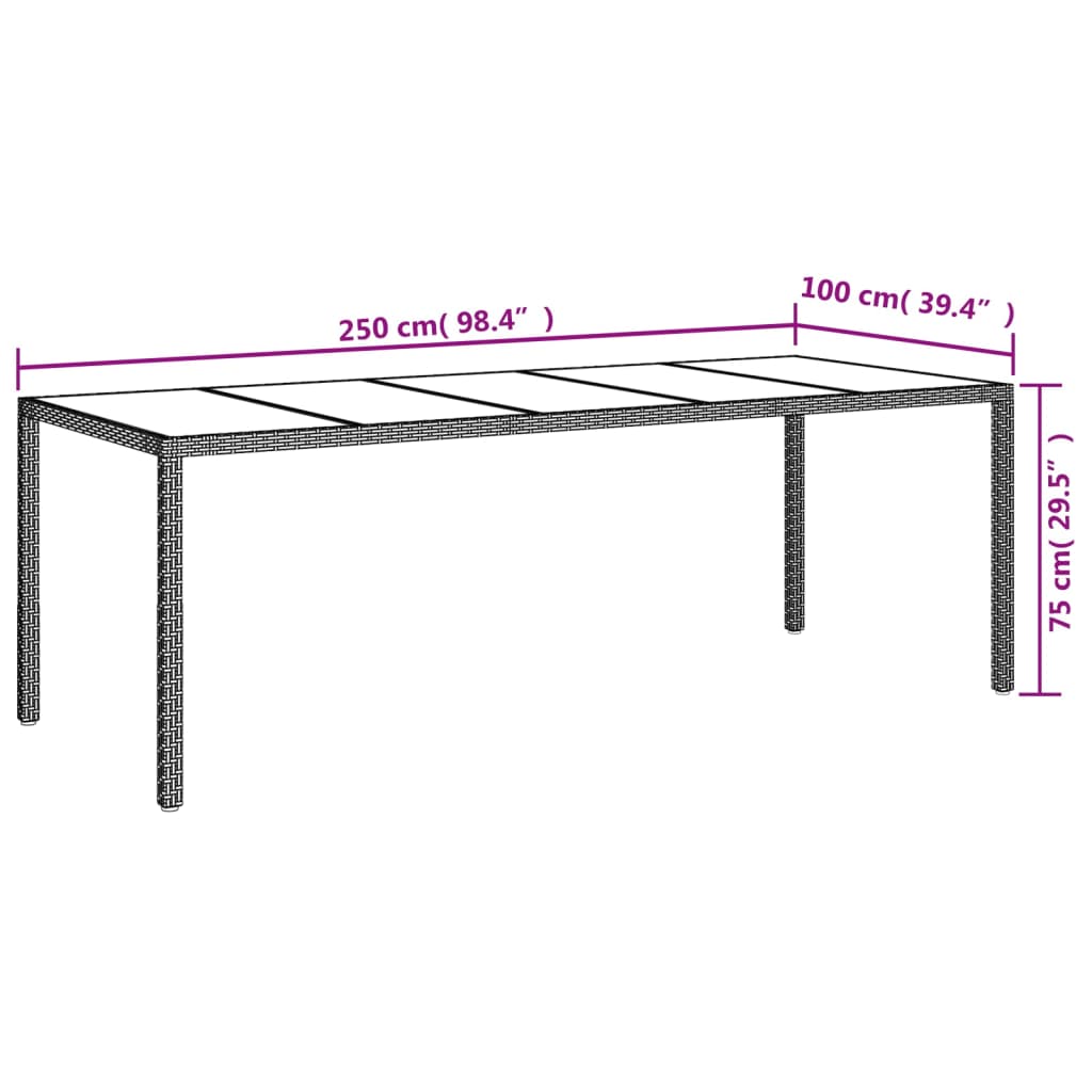 havebord 250x100x75 cm polyrattan og hærdet glas hvid