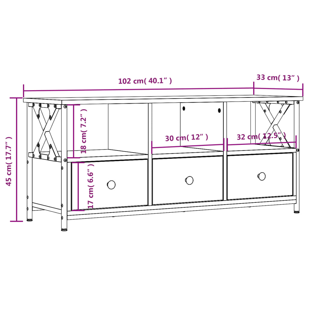 tv-bord 102x33x45 cm konstrueret træ og jern sort