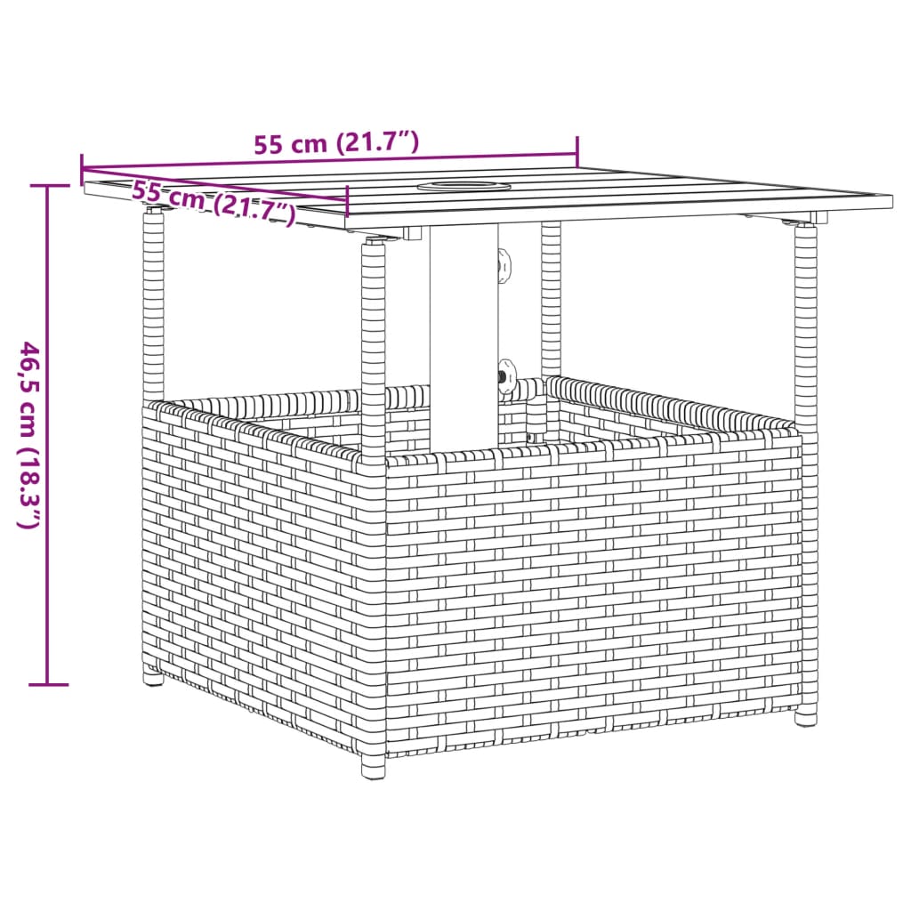 havebord med parasolhul 55x55x46,5 cm polyrattan brun