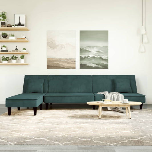 L-formet sovesofa 255x140x70 cm velour mørkegrøn