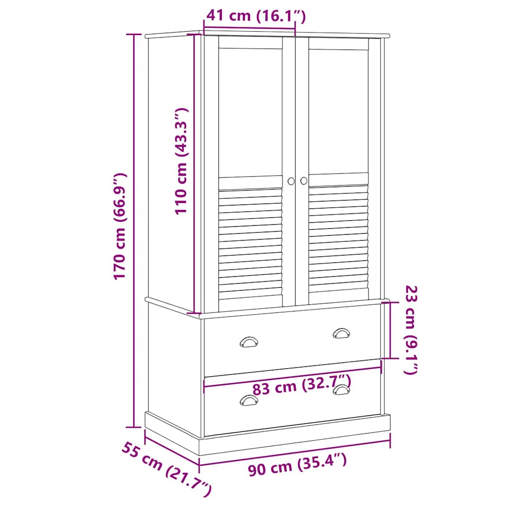 klædeskab VIGO 90x55x170 cm massivt fyrretræ hvid