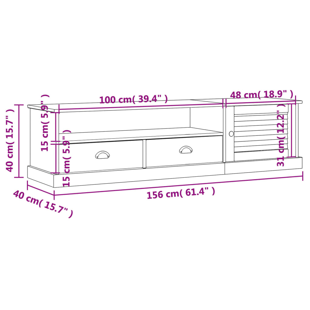 tv-bord VIGO 156x40x40 cm massivt fyrretræ hvid