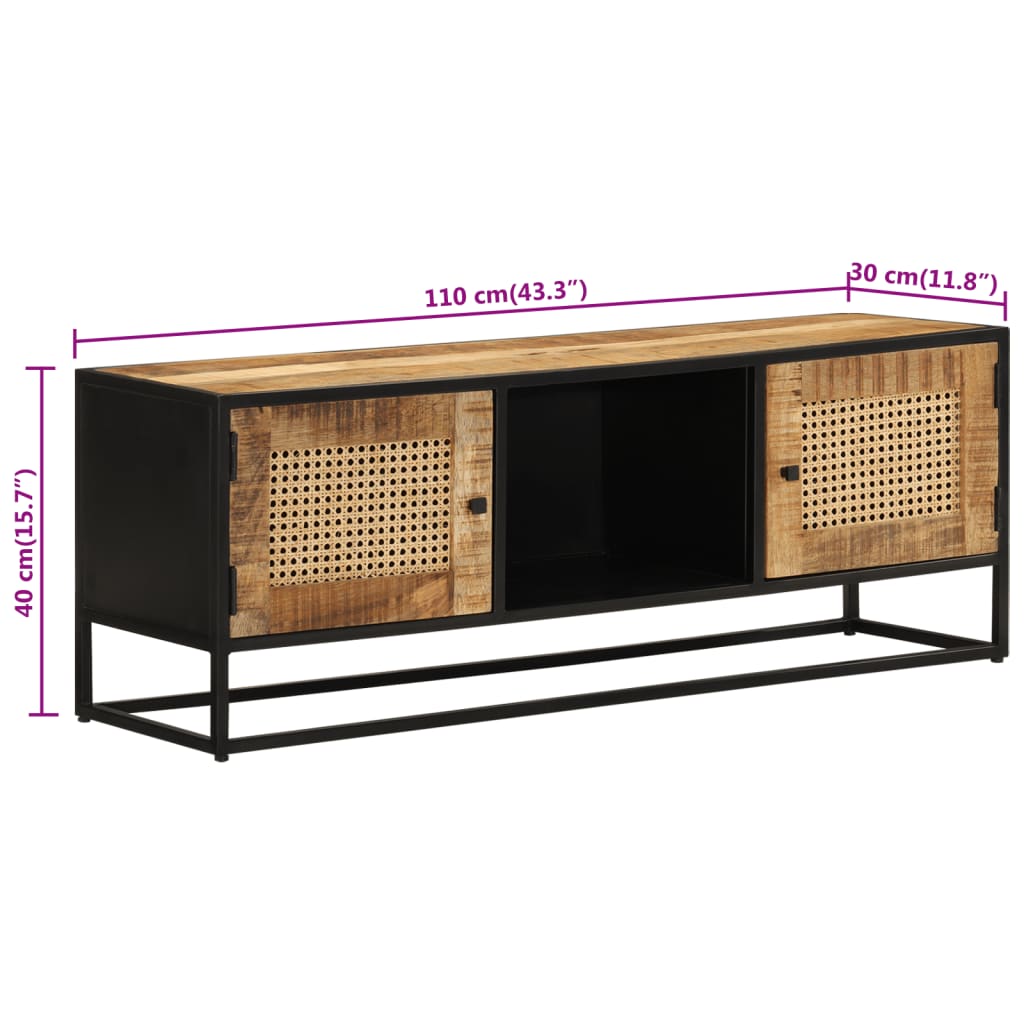 tv-bord 110x30x40 cm massivt ru mangotræ og jern