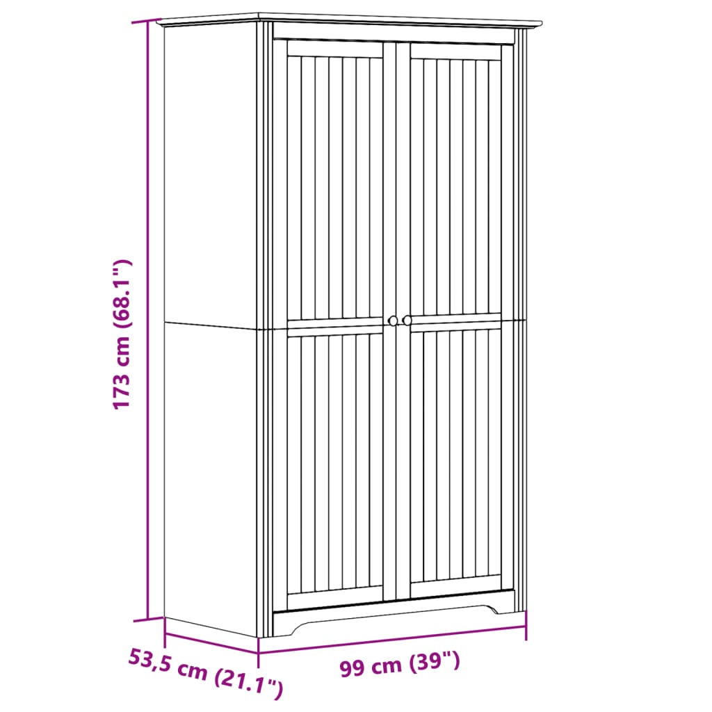 klædeskab BODO 99x53,5x173 cm massivt fyrretræ hvid og brun