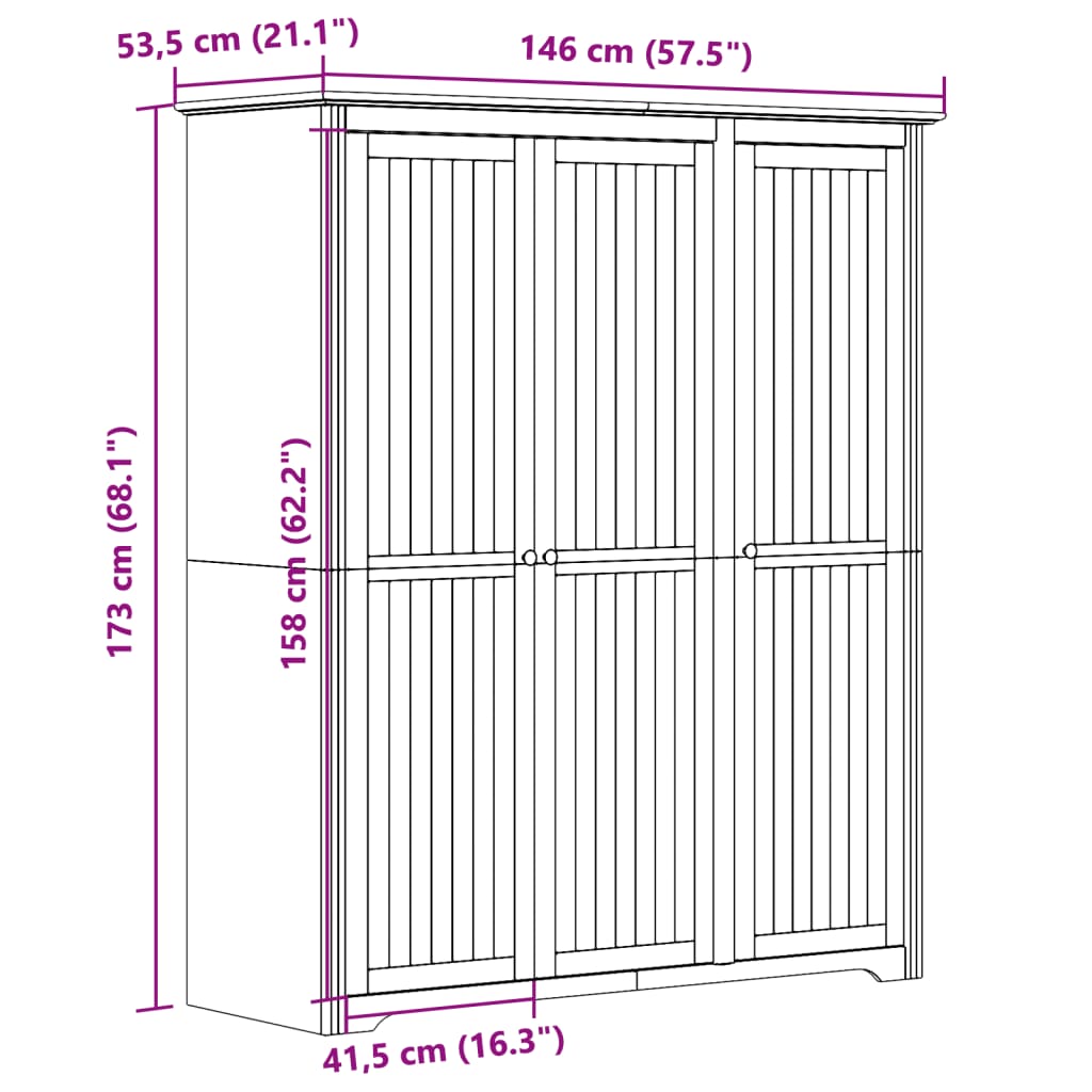 klædeskab BODO 146x53,5x173 cm massivt fyrretræ hvid