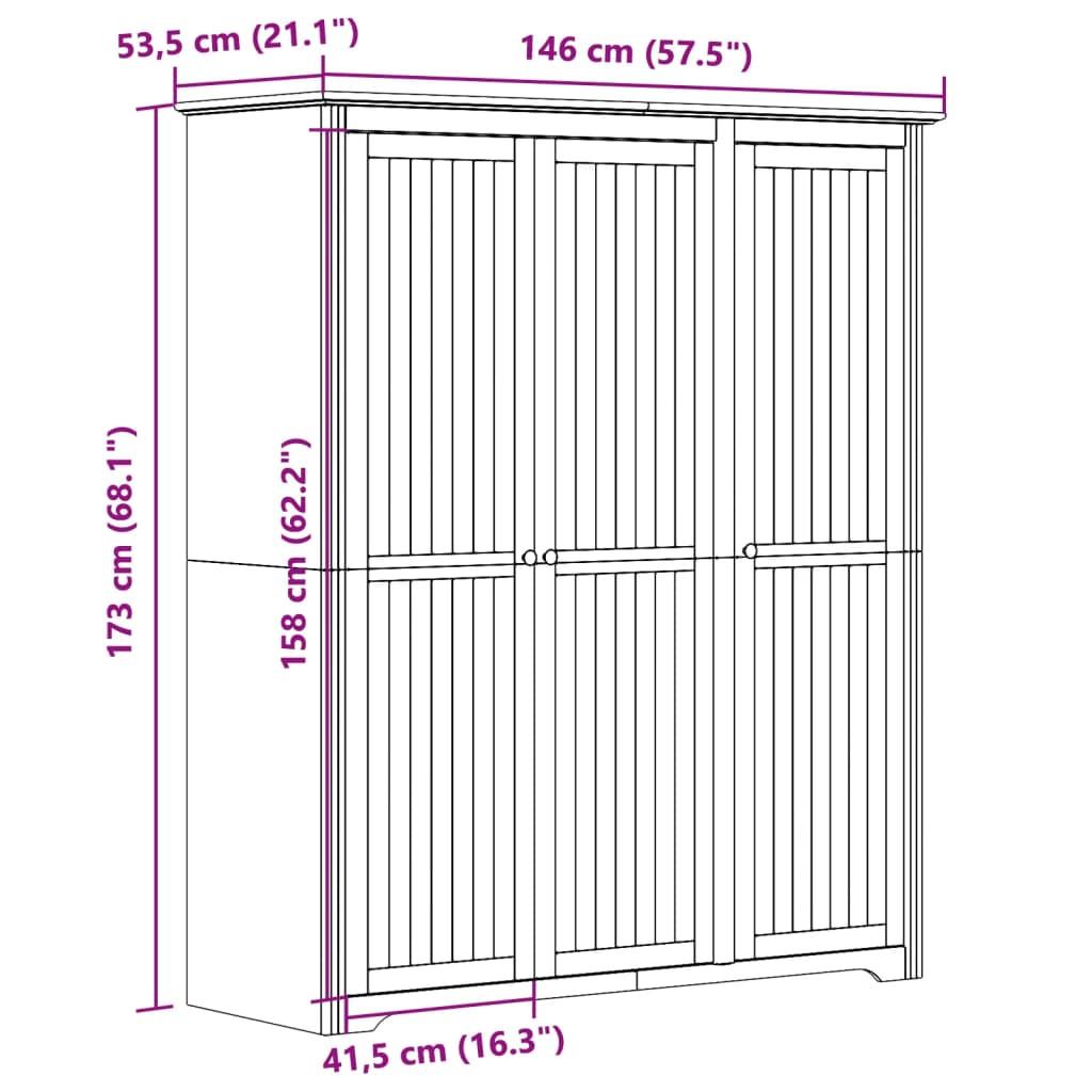 klædeskab BODO 146x53,5x173 cm massivt fyrretræ hvid og brun