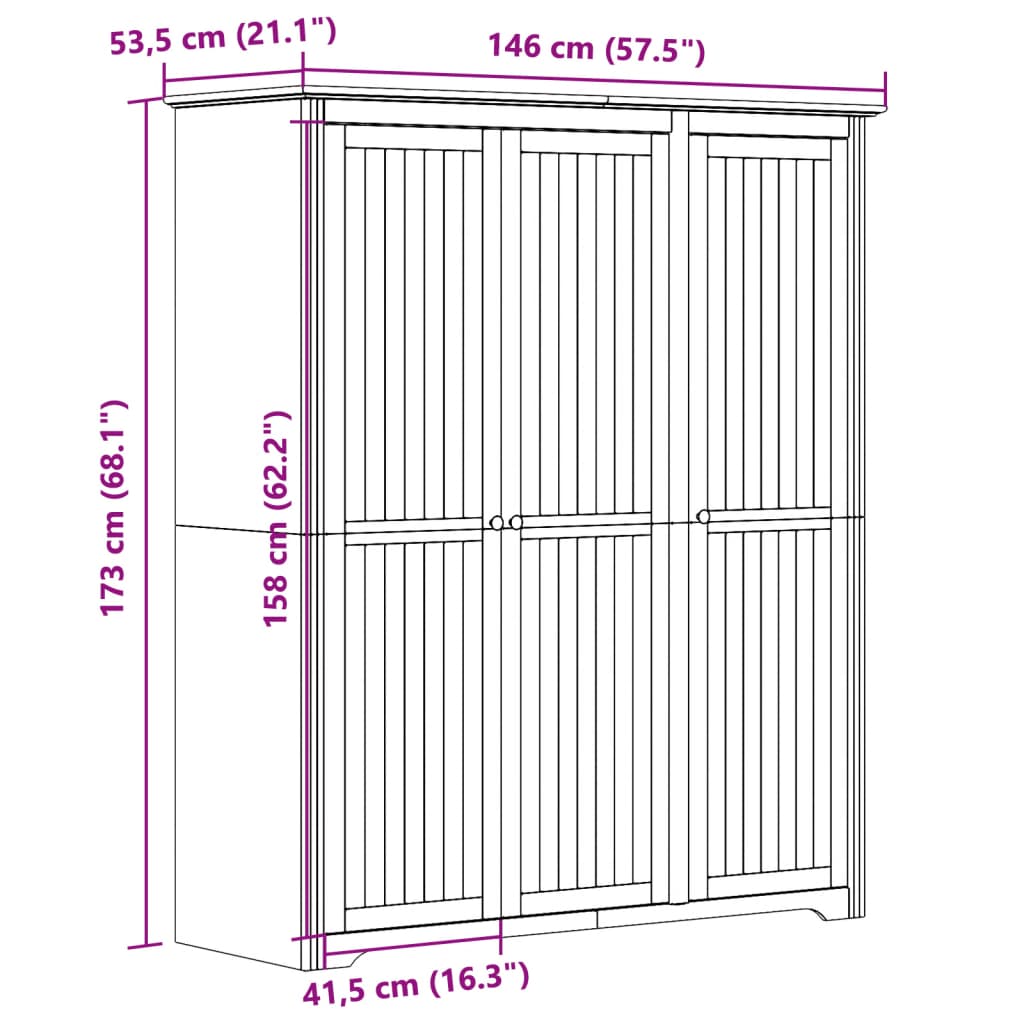 klædeskab BODO 146x53,5x173 cm massivt fyrretræ grå