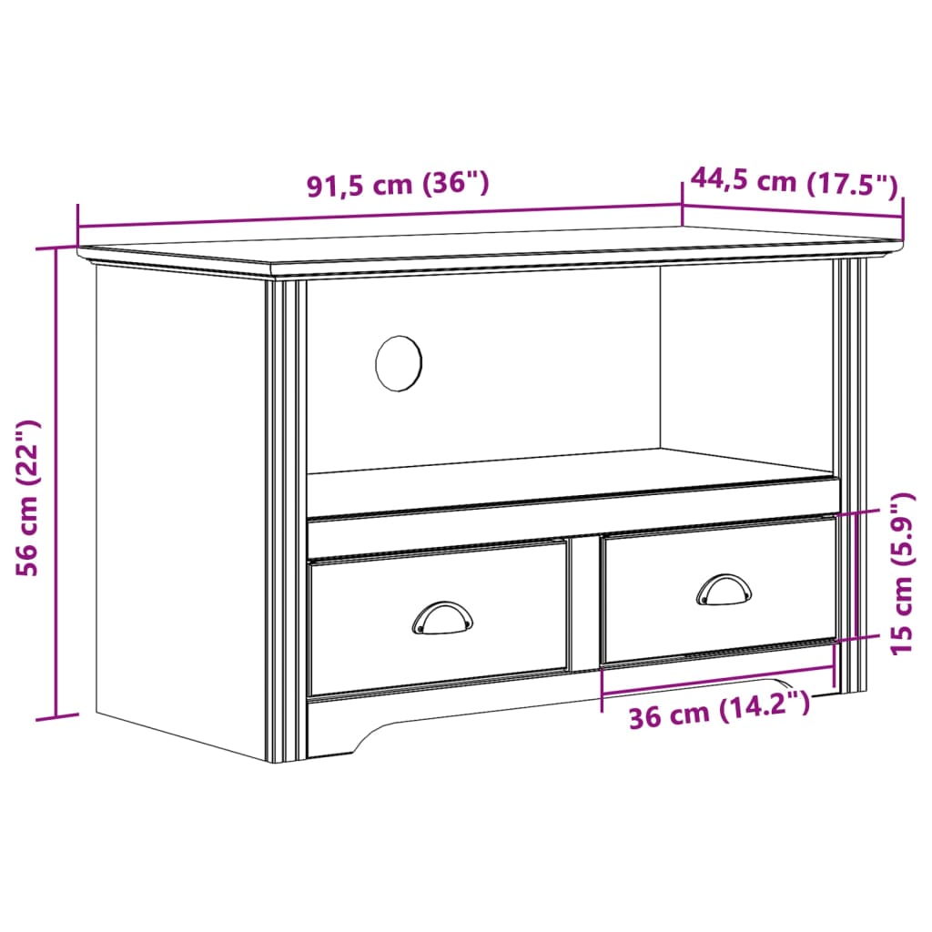 tv-bord med 2 skuffer BODO 91,5x44,5x56cm massivt fyrretræ hvid