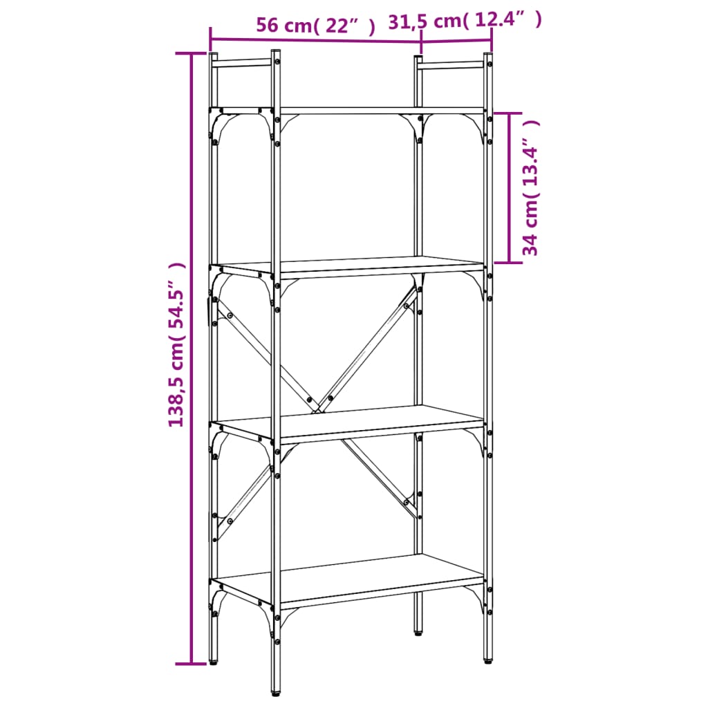 bogreol med 4 hylder 56x31,5x138,5 cm konstrueret træ sort