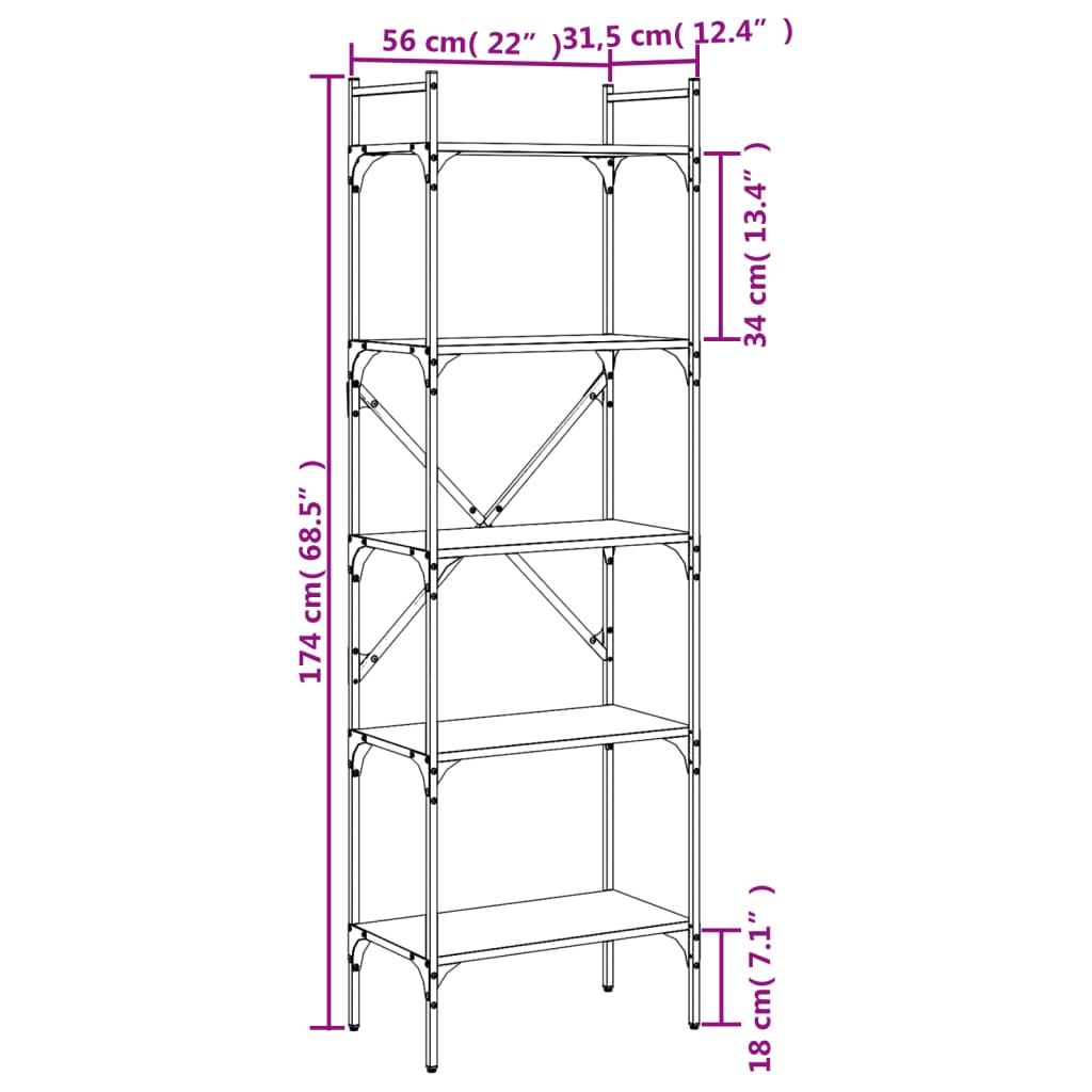 bogreol med 5 hylder 56x31,5x174 cm konstrueret træ sort