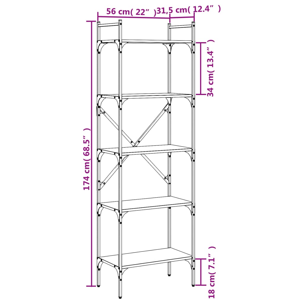 bogreol med 5 hylder 56x31,5x174 cm konstrueret træ røget eg