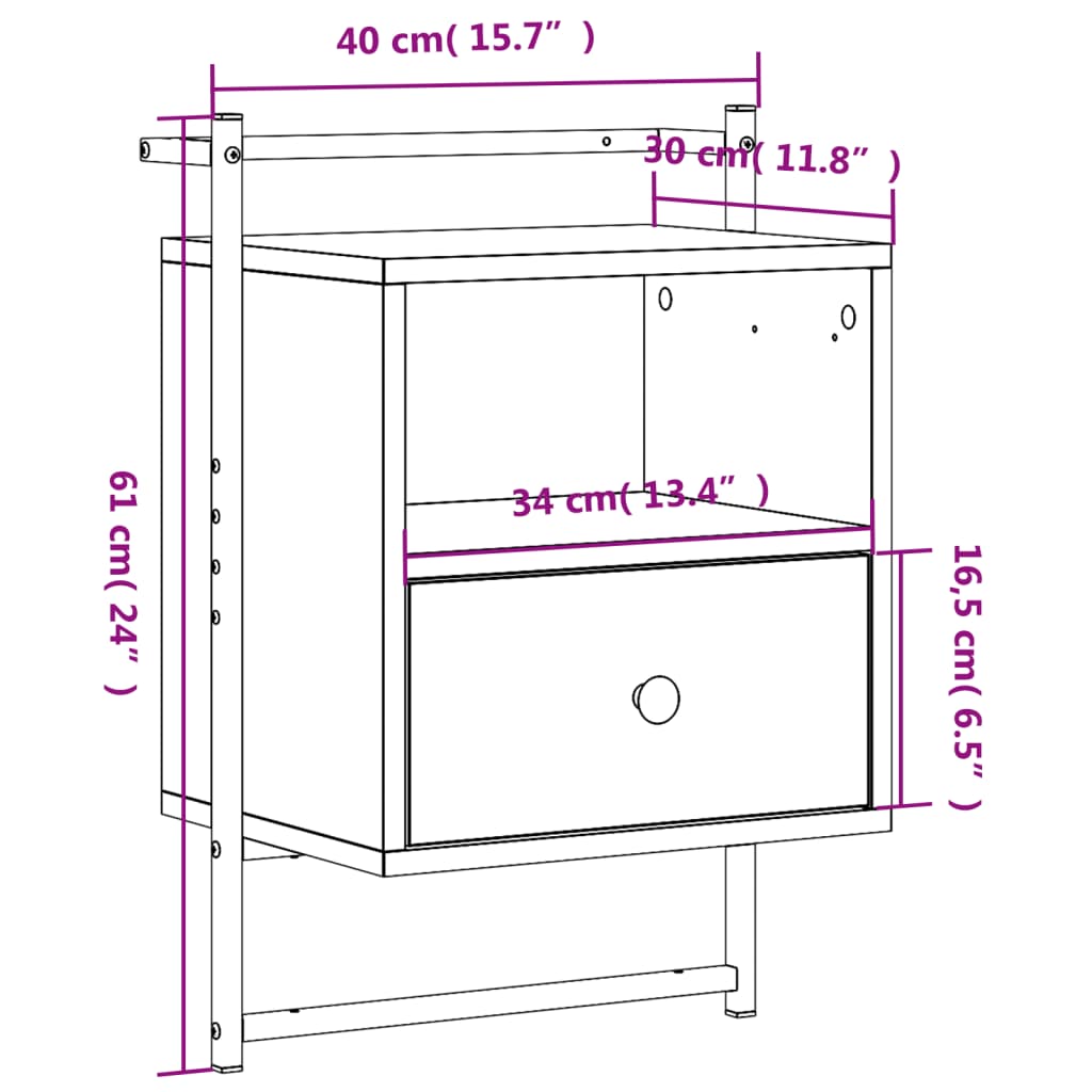 sengeborde til væg 2 stk. 40x30x61 cm konstrueret træ brunt eg