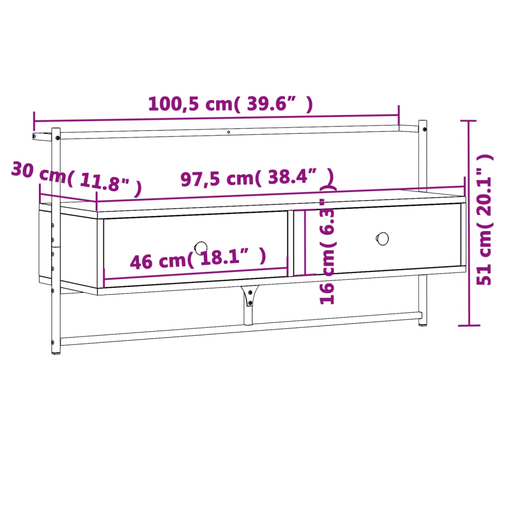 væghængt tv-bord 100,5x30x51 cm konstrueret træ røget egetræ