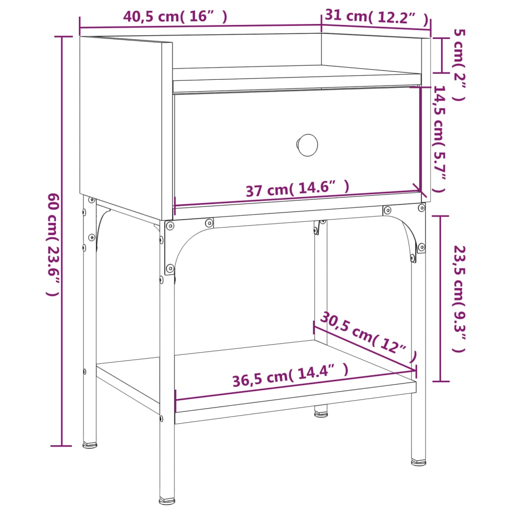 sengebord 40,5x31x60 cm konstrueret træ sonoma-eg