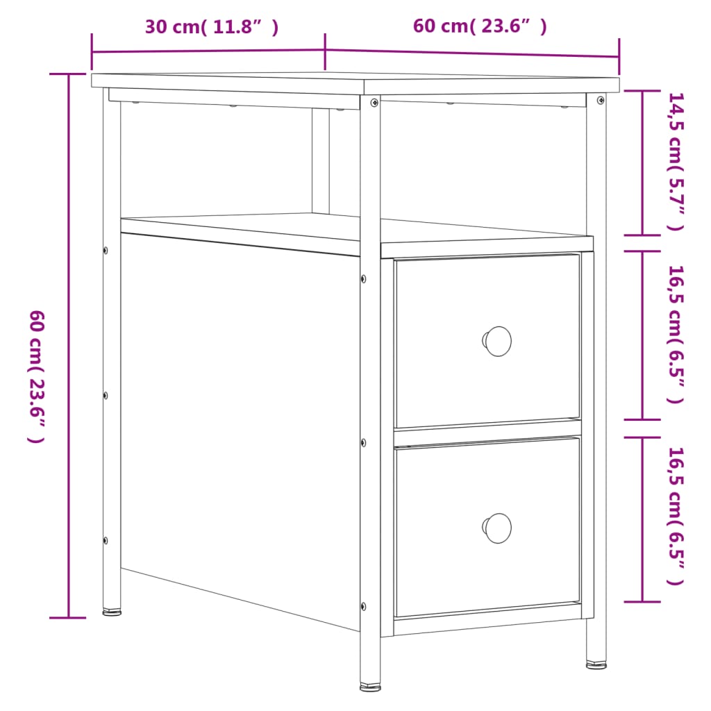 sengebord 30x60x60 cm konstrueret træ sort