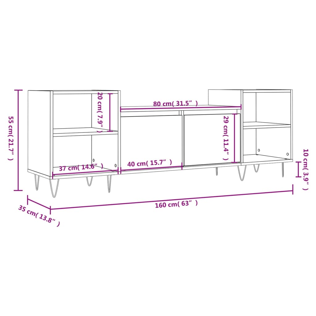 tv-bord 160x35x55 cm konstrueret træ røget egetræsfarve