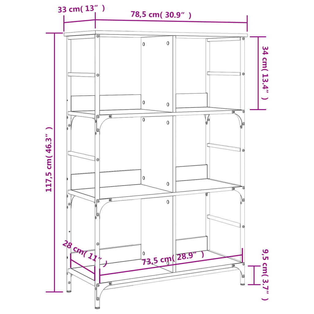 bogreol 78,5x33x117,5 cm konstrueret træ sort