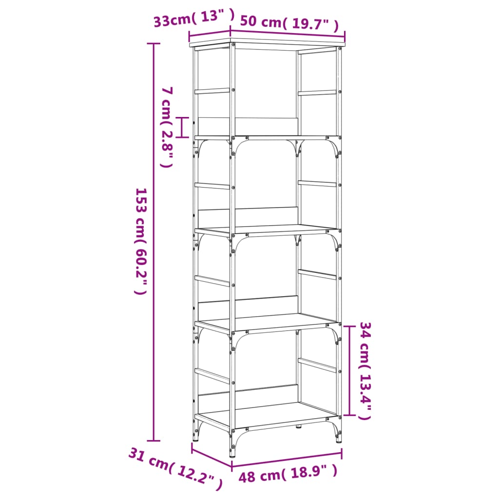 bogreol 50x33x153 cm konstrueret træ sonoma-eg