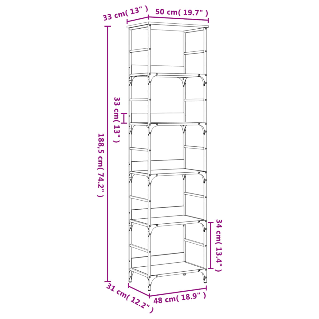 bogreol 50x33x188,5 cm konstrueret træ sonoma-eg