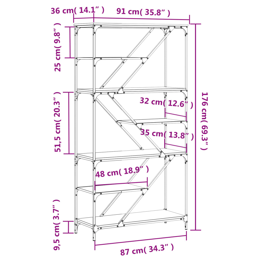 bogreol 91x36x176 cm konstrueret træ og jern sort