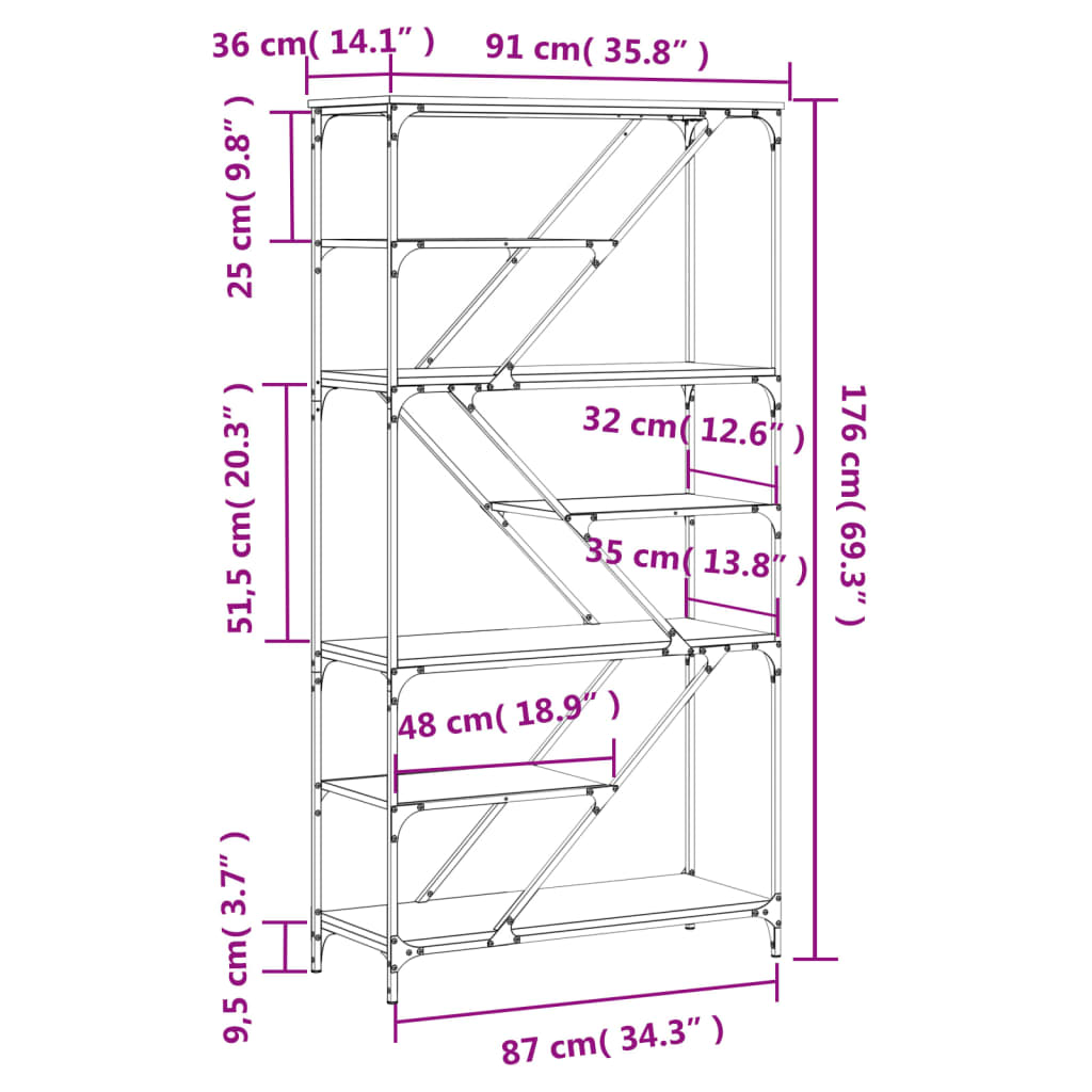 bogreol 91x36x176 cm konstrueret træ og jern brunt egetræ