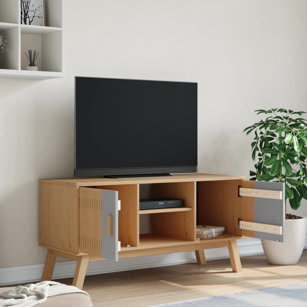 tv-bord OLDEN 114x43x57 cm massivt fyrretræ grå og brun