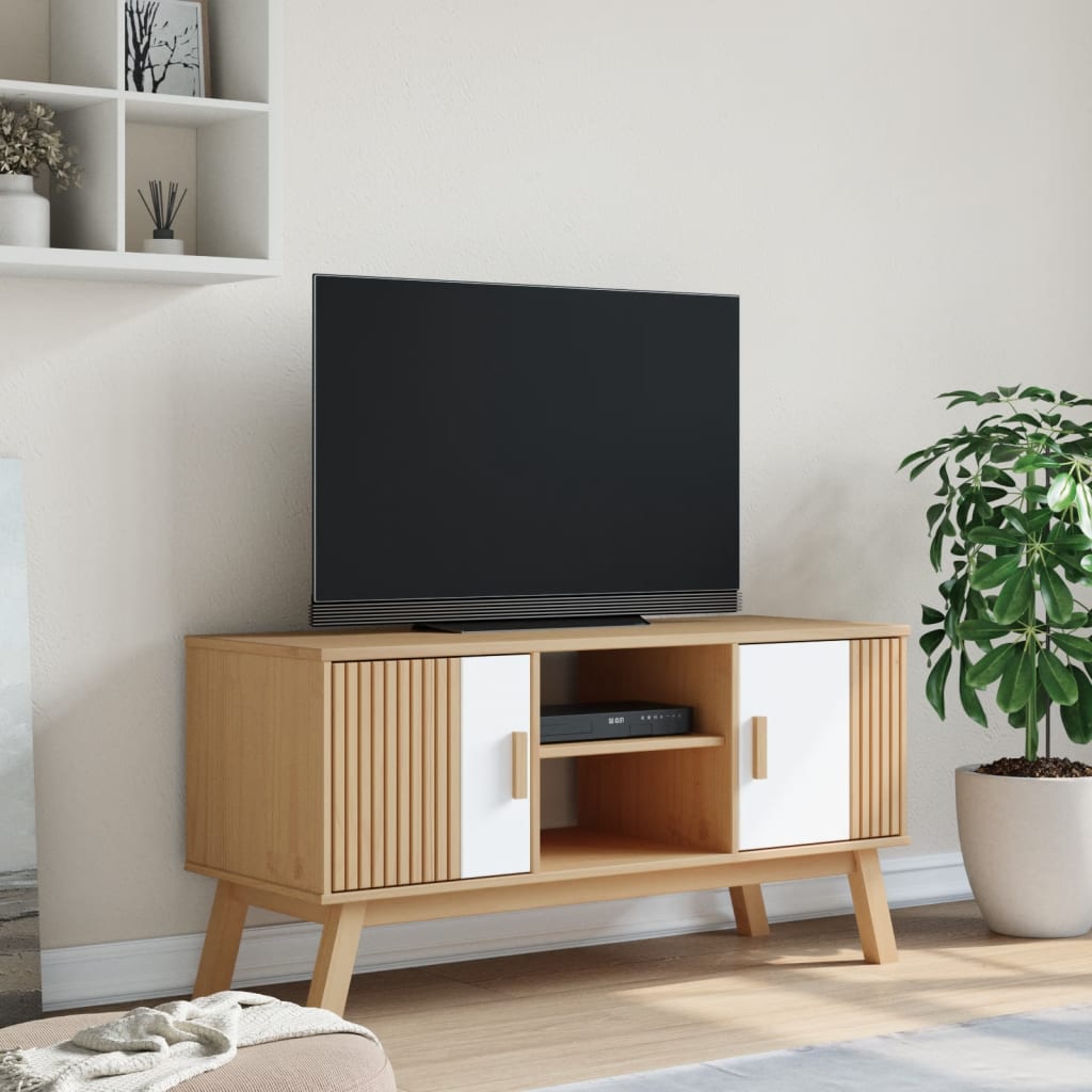 tv-bord OLDEN 114x43x57 cm massivt fyrretræ hvid og brun